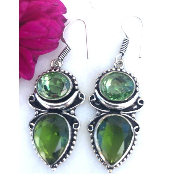 Hand Crafted Green and Silver Earrings - Picture 1 of 5